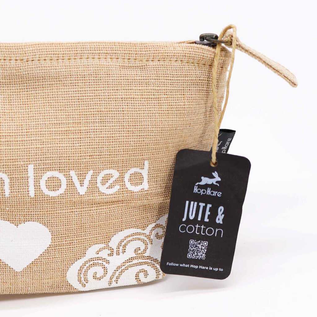 jute and cotton pouch showing tag