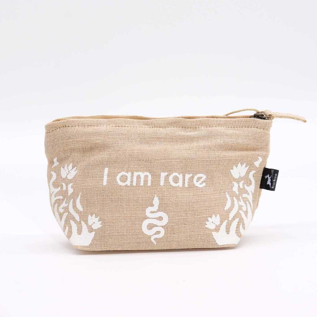 A jute pouch with the words "I am rare" written on the side.