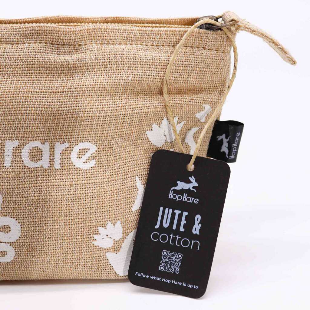 jute and cotton pouch showing tag