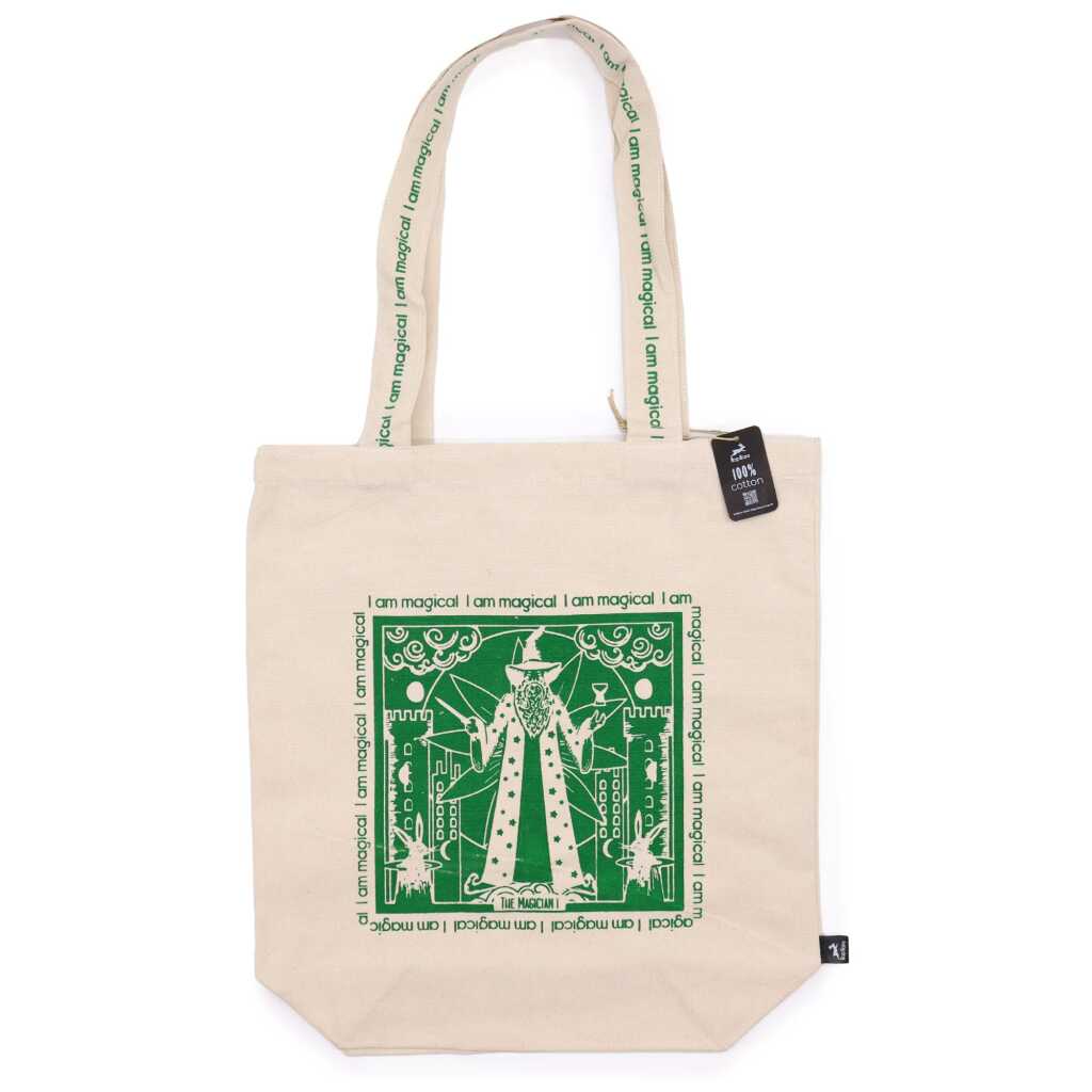 hop hare tote bag with a green I am Magical logo