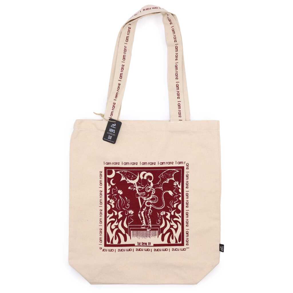 hop hare tote bag with a dark red I am Rare motif