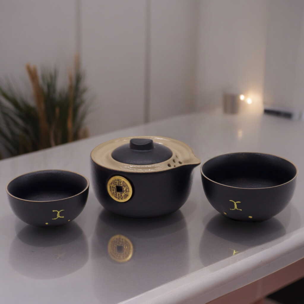 black money cat themed teapot set