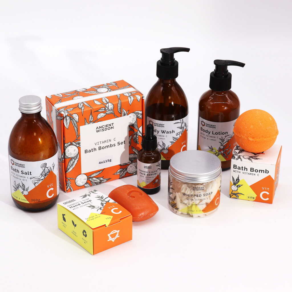 A selection of Vitamin C skin care products in orange packaging