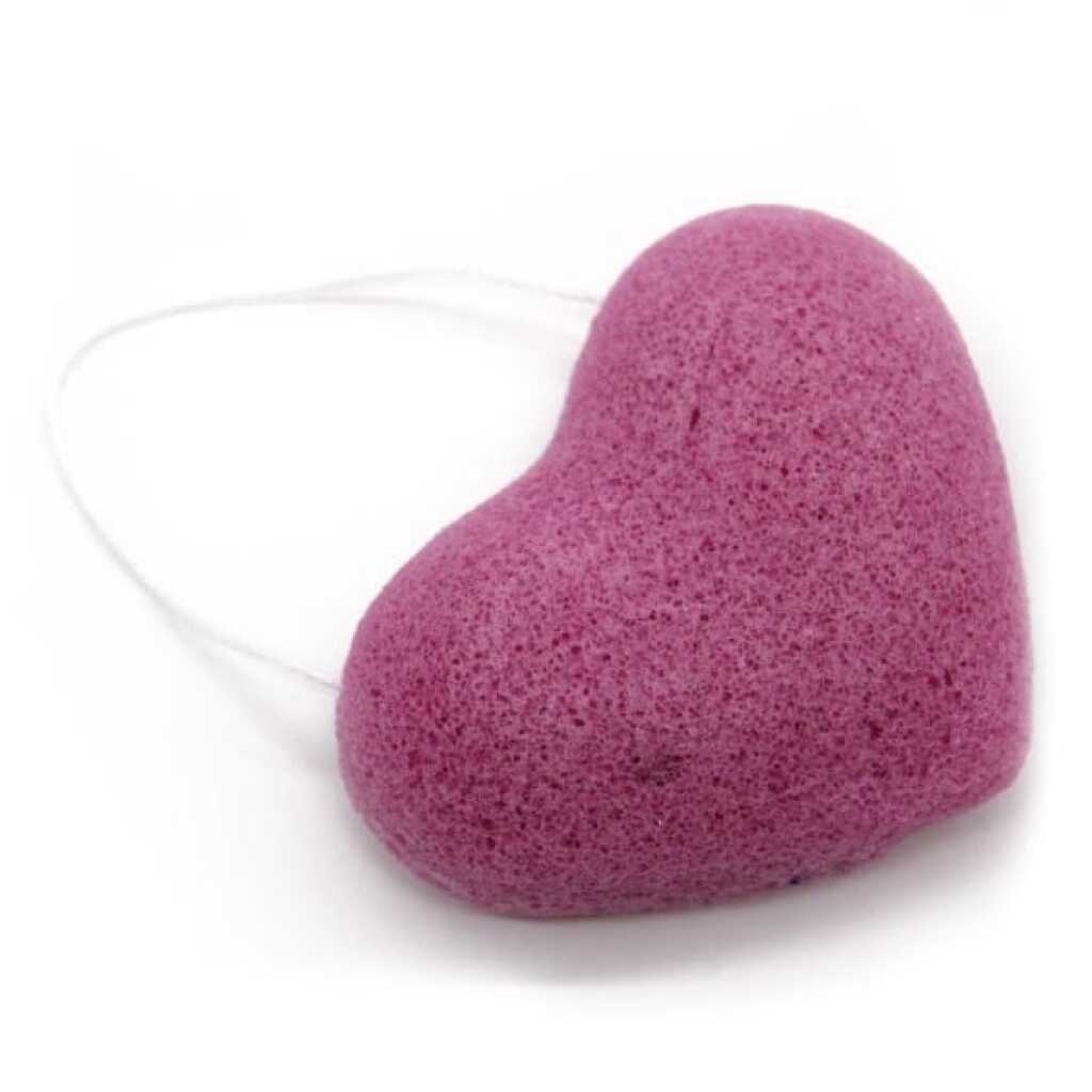 a heart-shaped Japanese Konjac Sponge in a lavender colour, on a loop of string