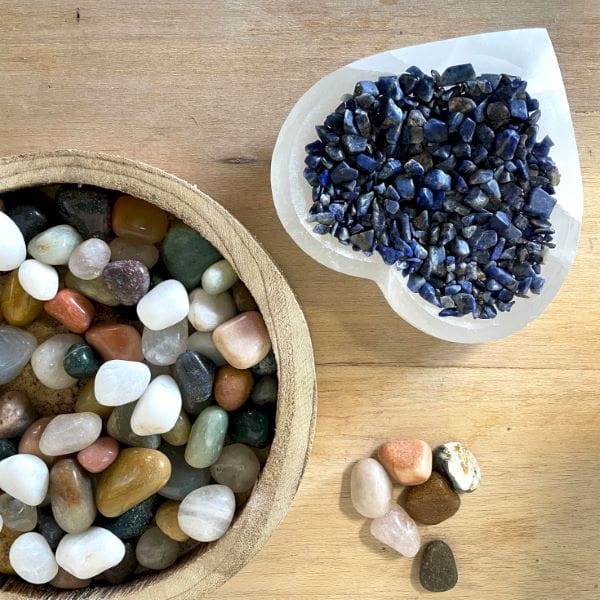 mixed gemstones in bowls