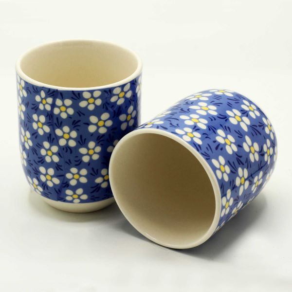 two blue daisy pattern tea cups