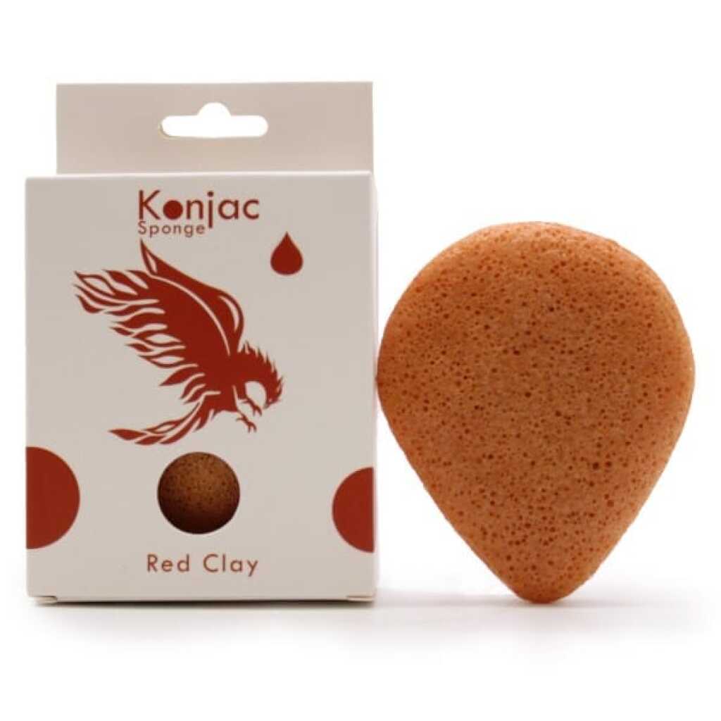 a reddish coloured teardrop konjac sponge infused with red clay