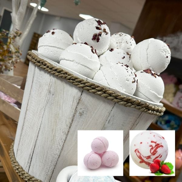 white bath bombs in a wooden bucket