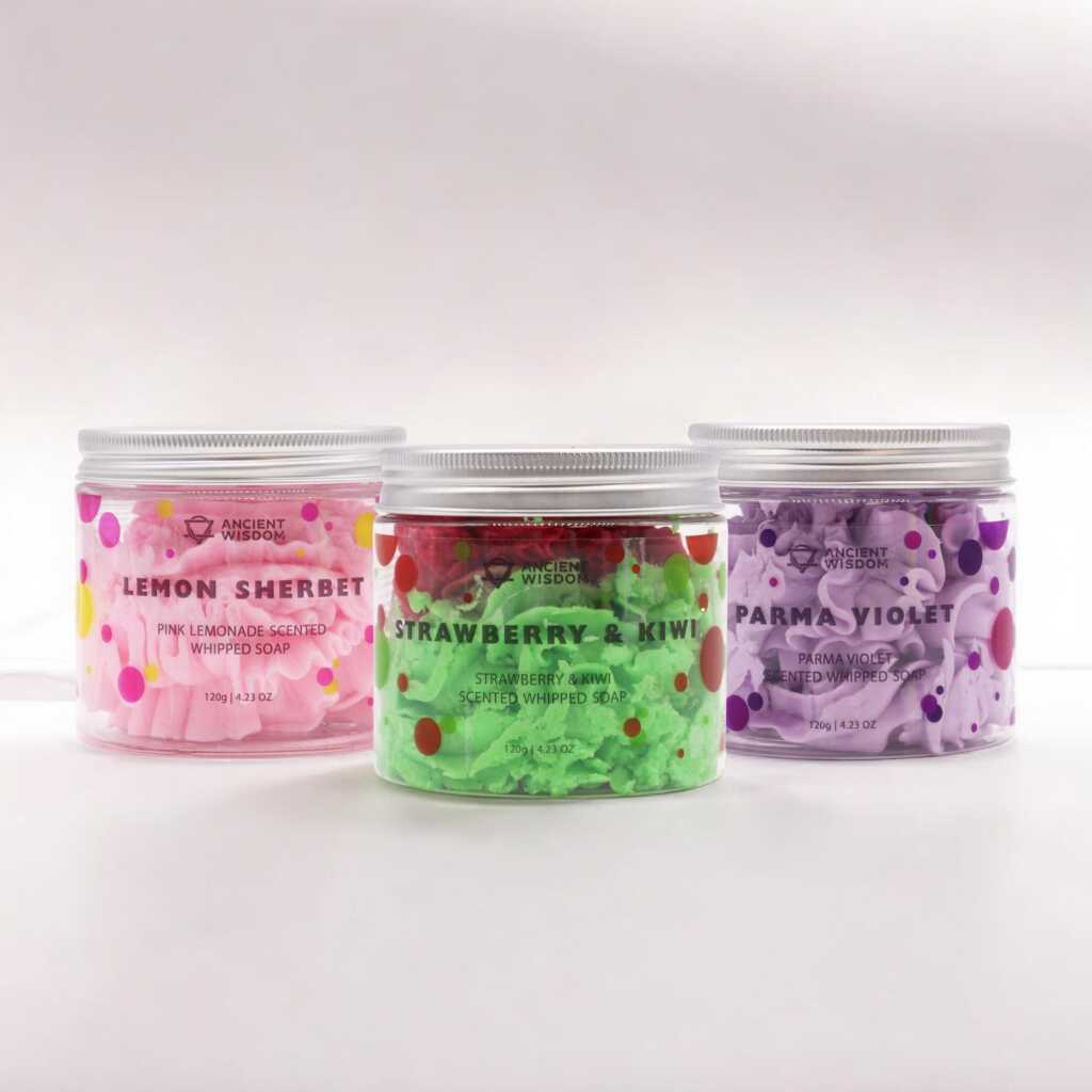 a group of containers with colourful whipped soap