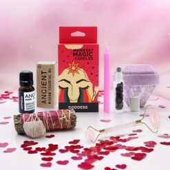 a collection of self-care and nurture products on a pink background