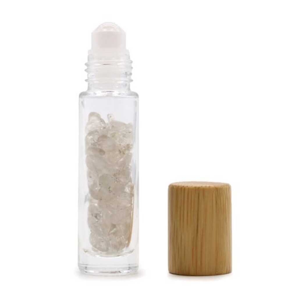an aromatherapy gemstone roller bottle dispenser with rock quartz