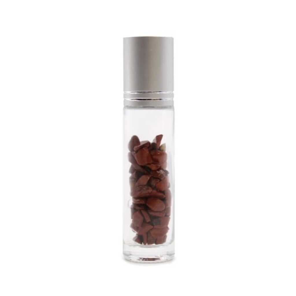 an aromatherapy gemstone roller bottle dispenser with red jasper and silver top