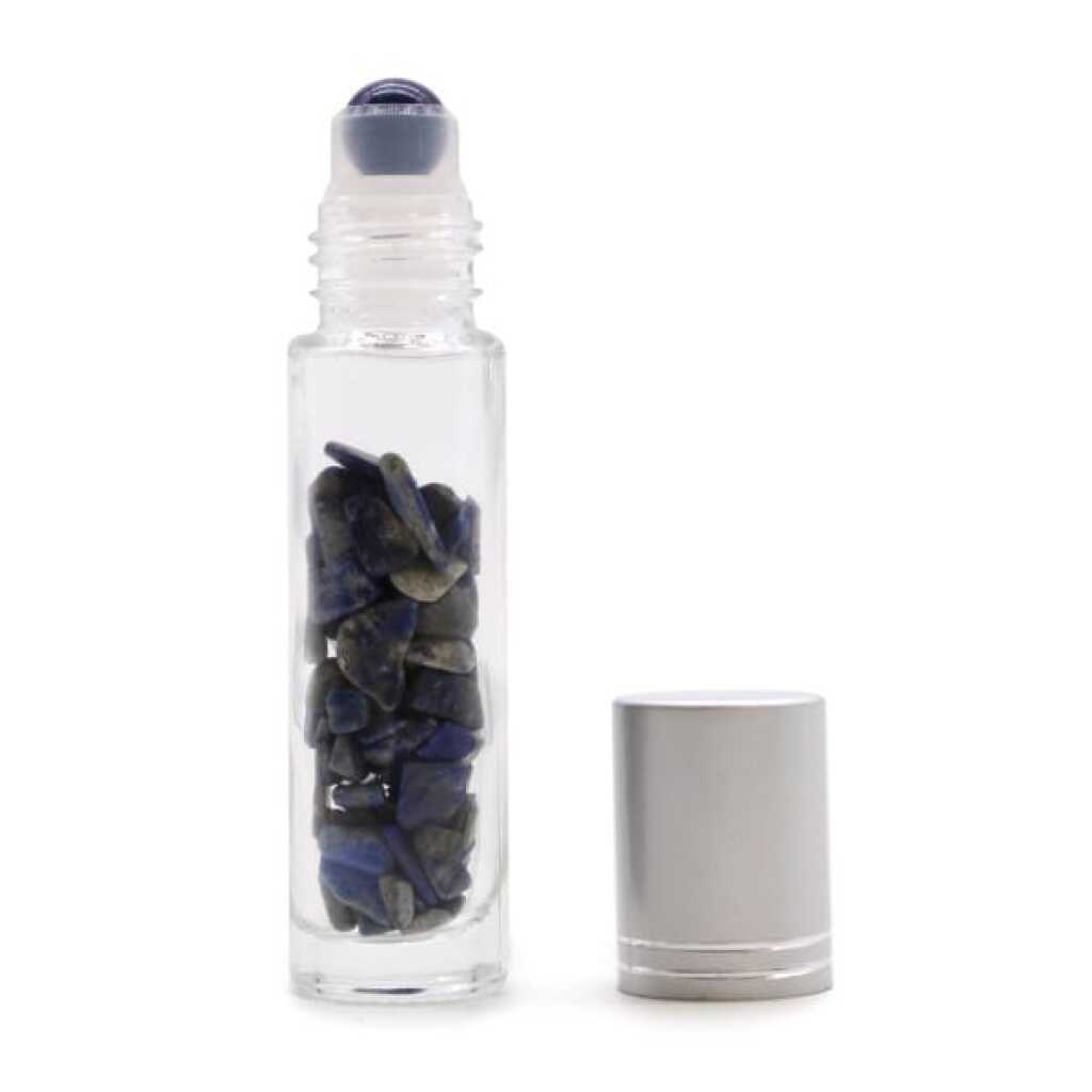 an aromatherapy gemstone roller bottle dispenser with sodalite and silver top