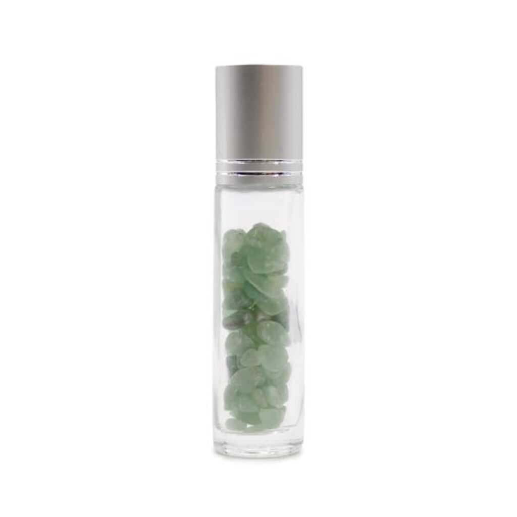 an aromatherapy gemstone roller bottle dispenser with green aventurine and silver cap