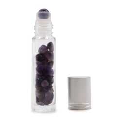 an aromatherapy gemstone roller bottle dispenser with amethyst and silver cap