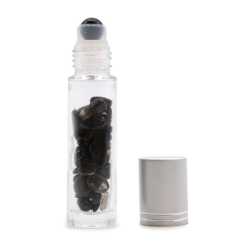 an aromatherapy gemstone roller bottle dispenser with black tourmaline and a silver cap
