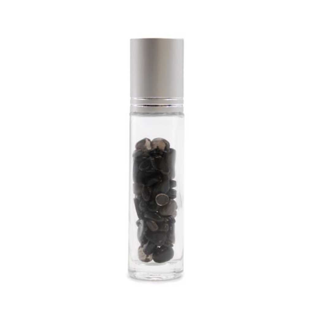 an aromatherapy gemstone roller bottle dispenser with black tourmaline and a silver cap