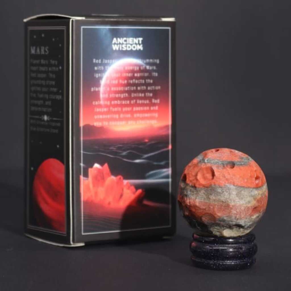 a red jasper gemstone planet representing mars with packaging