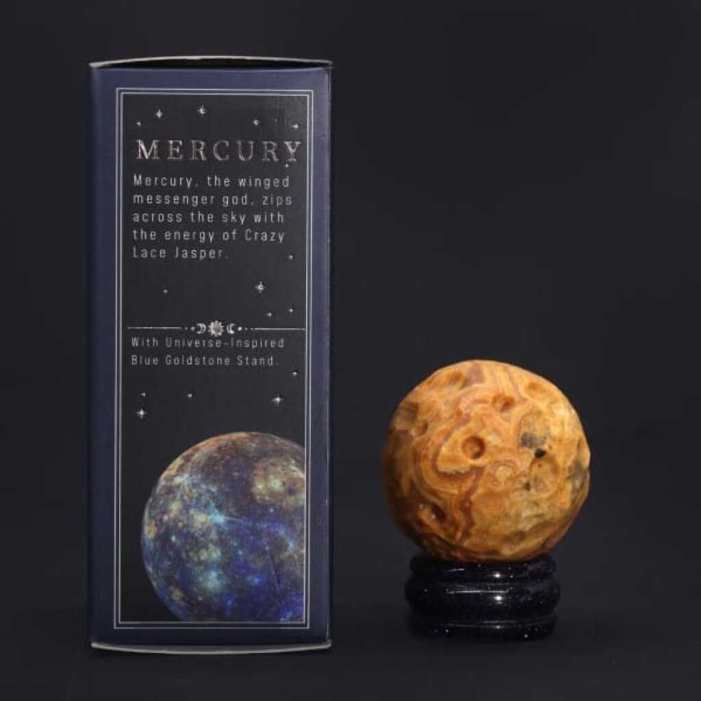 a crazy lace agate gemstone planet representing mercury with packaging