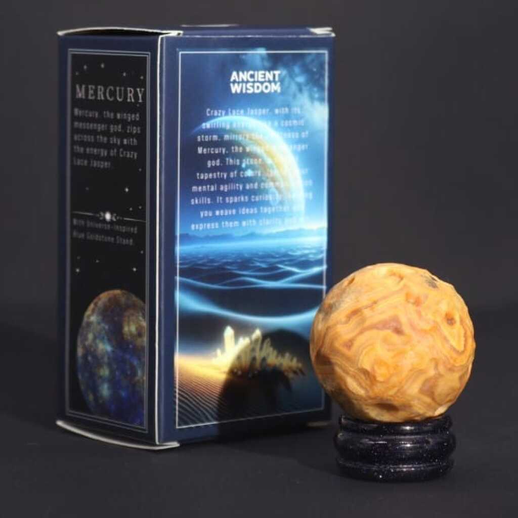a crazy lace agate gemstone planet representing mercury with packaging