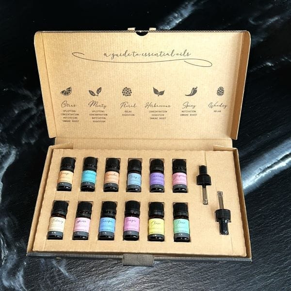 aromatherapy essential oils gift set with 12 bottles and 2 droppers