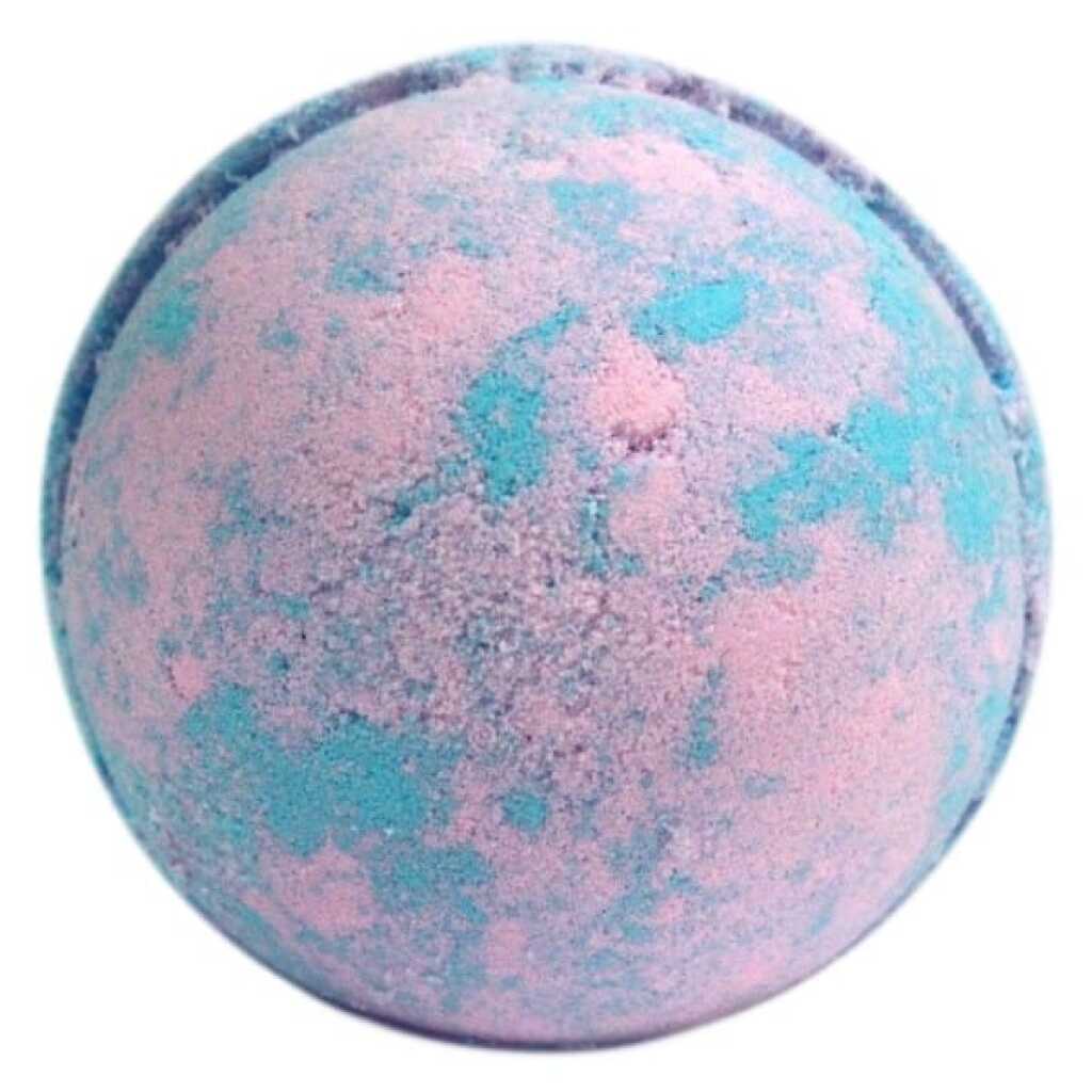 a jumbo sized baby powder bath bomb in pink and blue