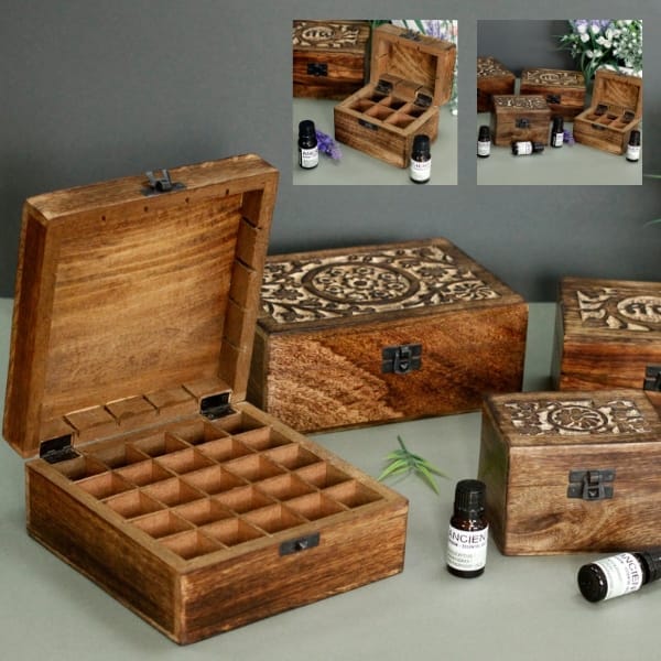 a selection of mango wood boxes for essential oils