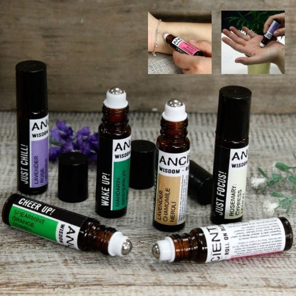 a selection of essential oil roller ball roll-on bottles