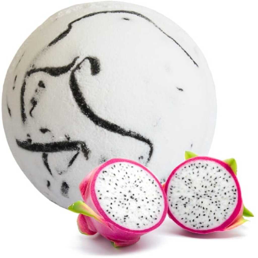 a jumbo dragon fruit bath bomb in white with dragon fruit in the foreground