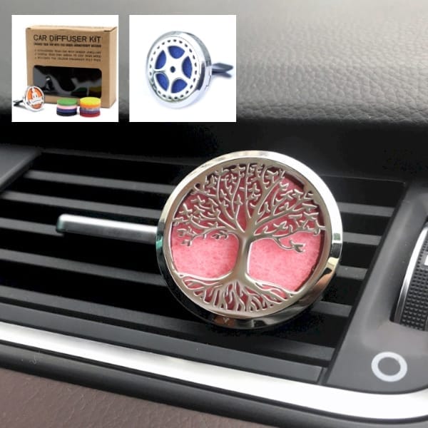 a pink coloured car diffuser for aromatherapy, with alternative designs inset