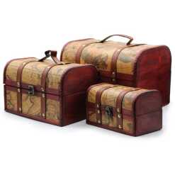 a set of three vintage style storage chests with an old map design