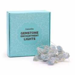 Celestite gemstone enchantment lights, with packaging