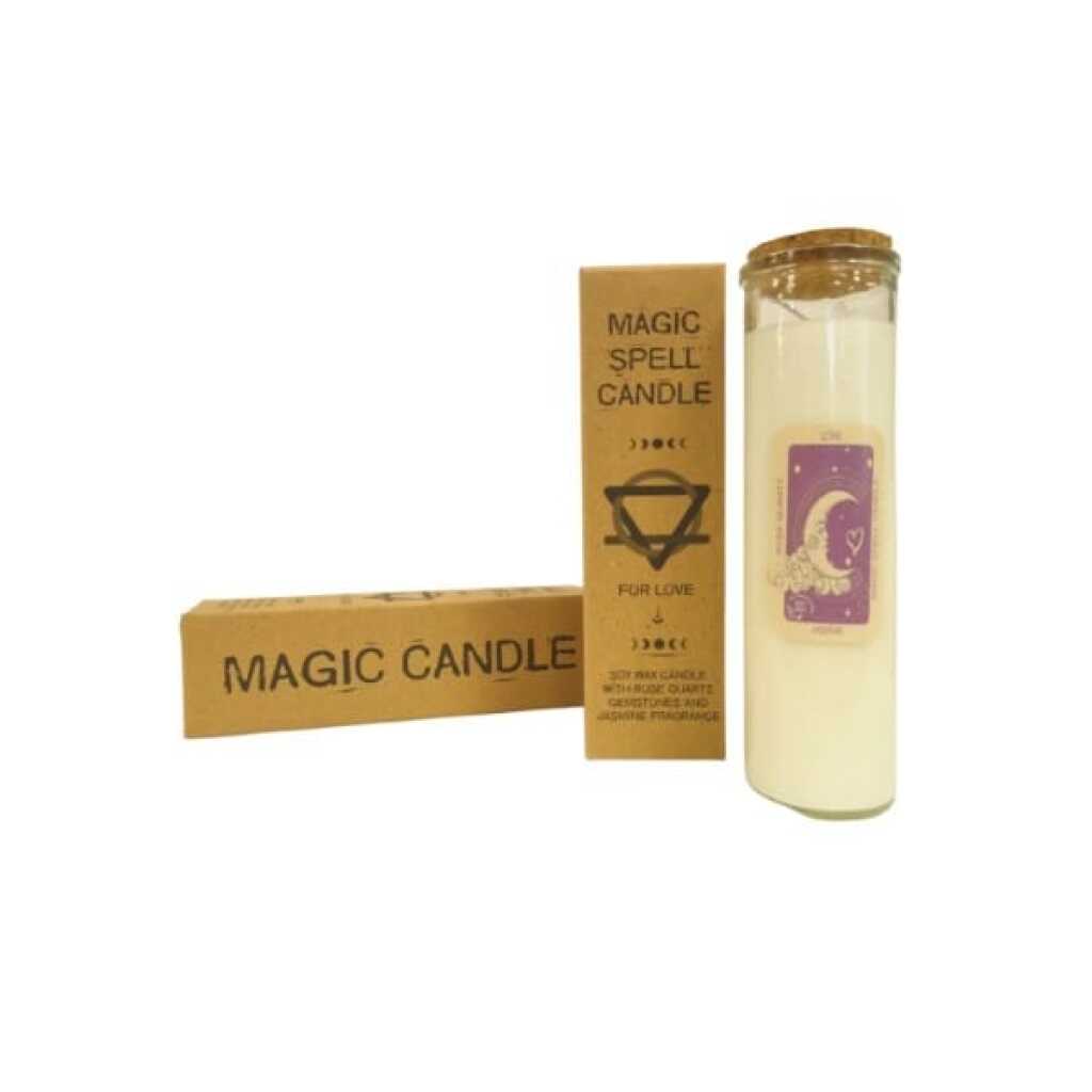 magic spell candle with Rose Quartz and Jasmine