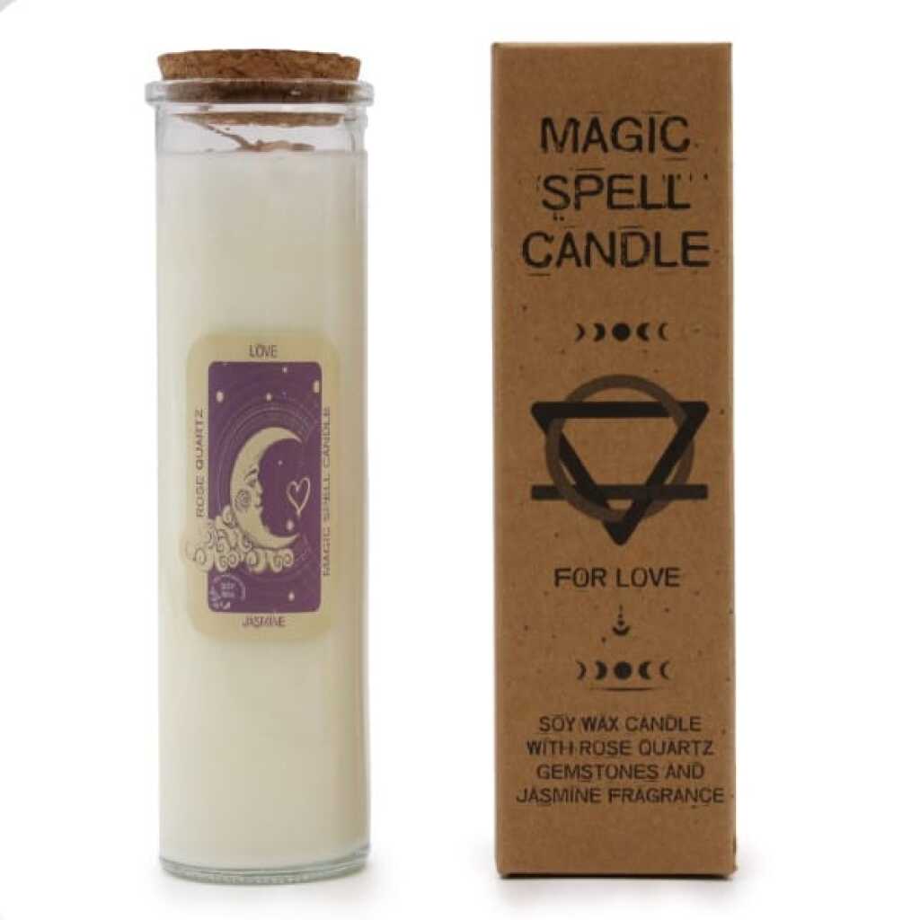 magic spell candle with Rose Quartz and Jasmine