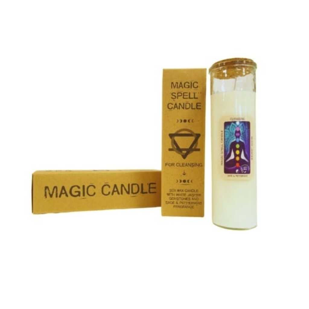 magic spell candle with White Jasper, Sage and Peppermint