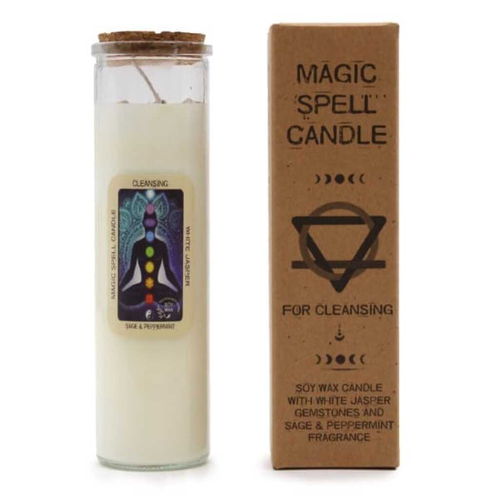 magic spell candle with White Jasper, Sage and Peppermint