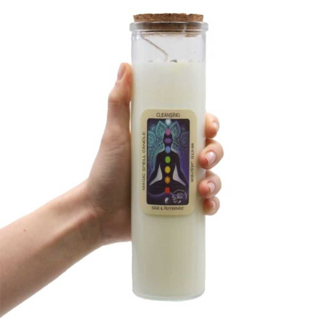 magic spell candle with White Jasper, Sage and Peppermint