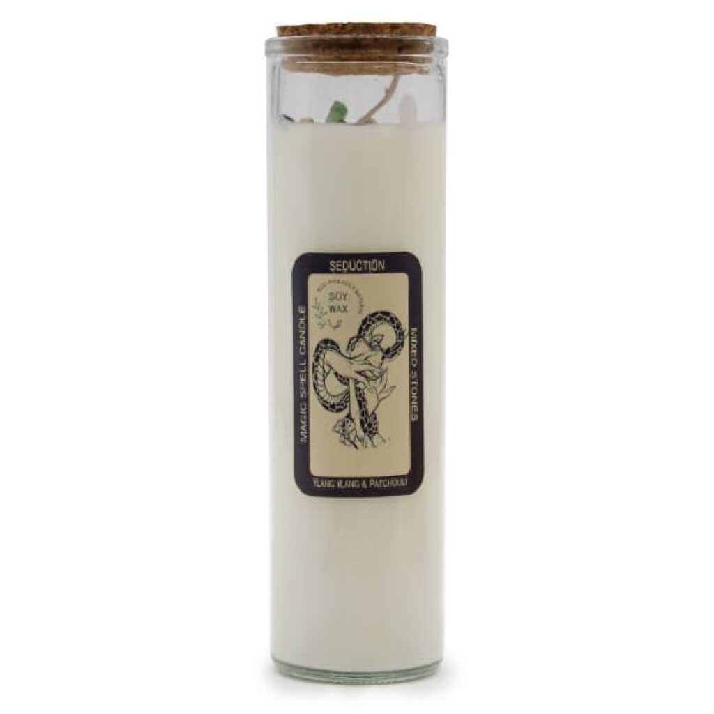 magic spell candle with mixed gemstones, Ylang Ylang and Patchouli - seduction
