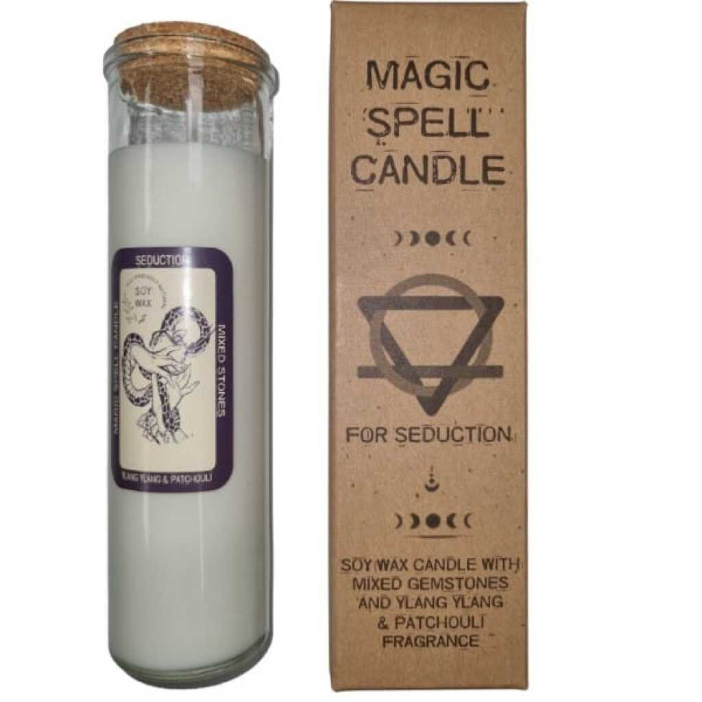 magic spell candle with mixed gemstones, Ylang Ylang and Patchouli - seduction