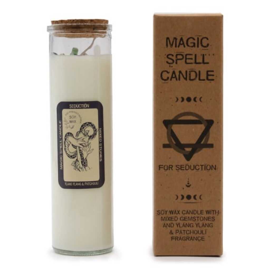 magic spell candle with mixed gemstones, Ylang Ylang and Patchouli - seduction