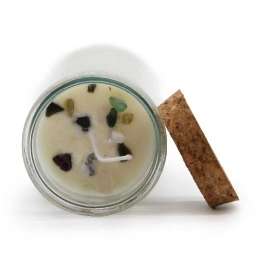 magic spell candle with mixed gemstones, Ylang Ylang and Patchouli - seduction