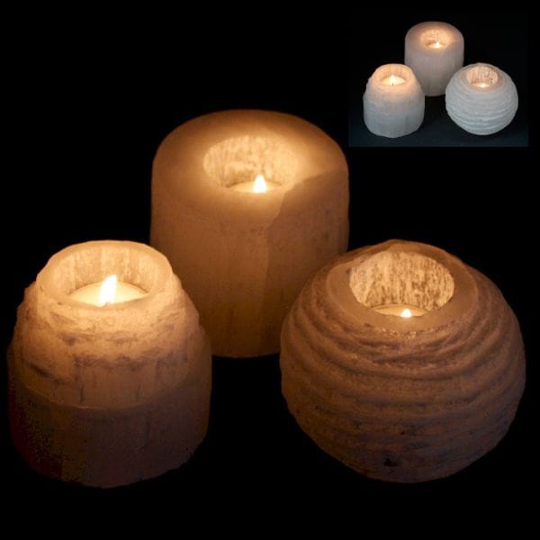 three selenite tealight candle holders with an inset picture of three selenite tealight candle holders