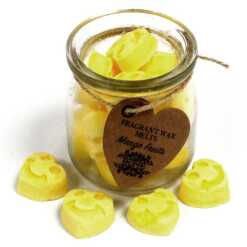 a jar of soy wax melts with four in front - mango fruits