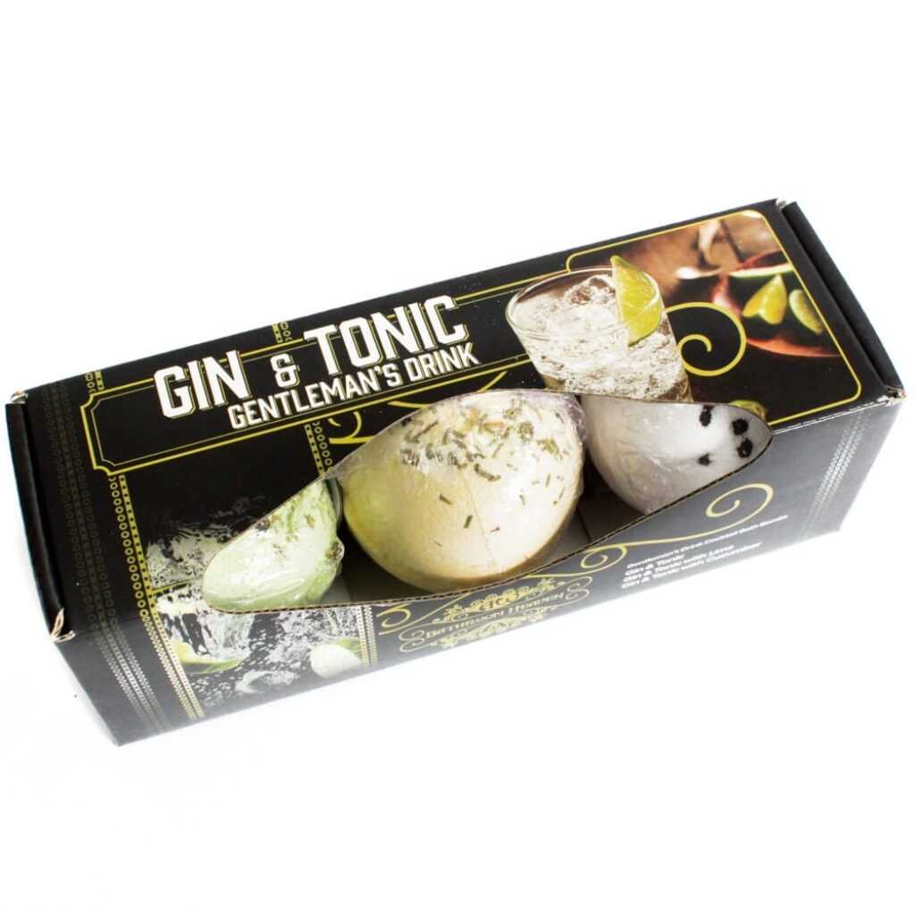 a set of three cocktail bath bombs in presentation packaging