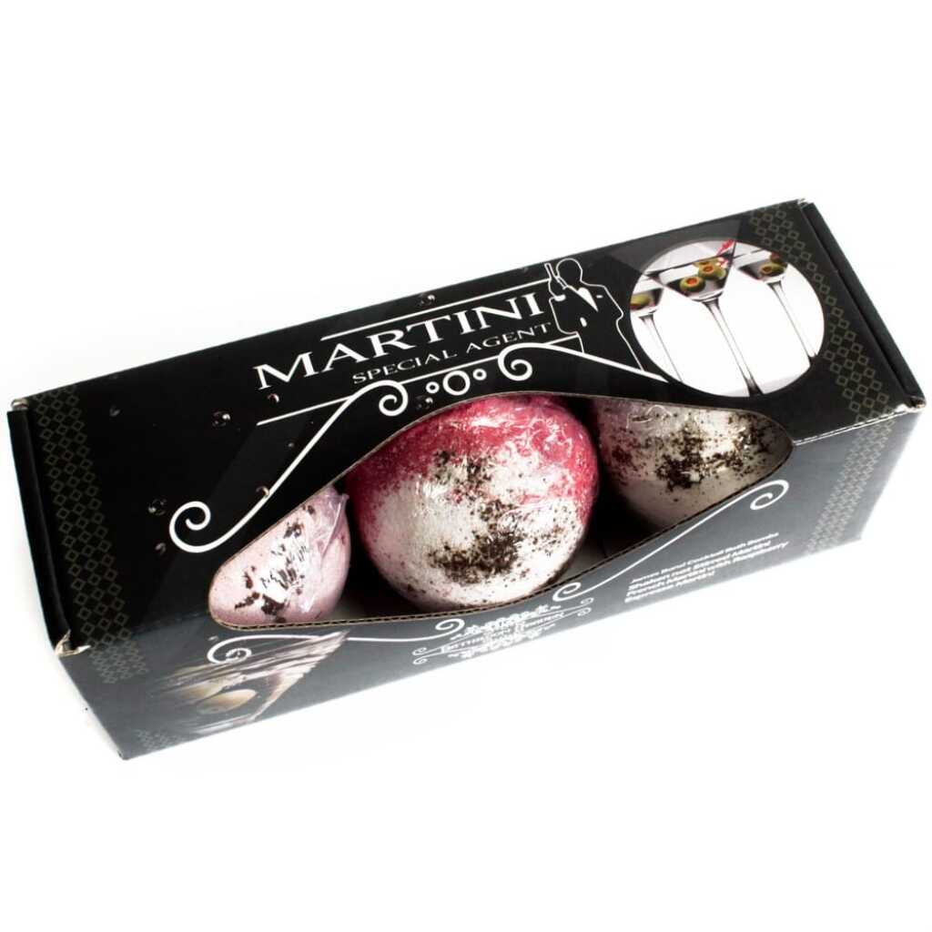 a set of three cocktail bath bombs (Martini) in presentation packaging