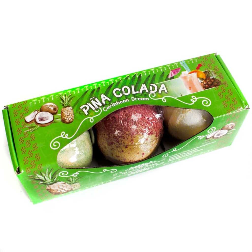 a set of three cocktail bath bombs (Pina Colada) in presentation packaging