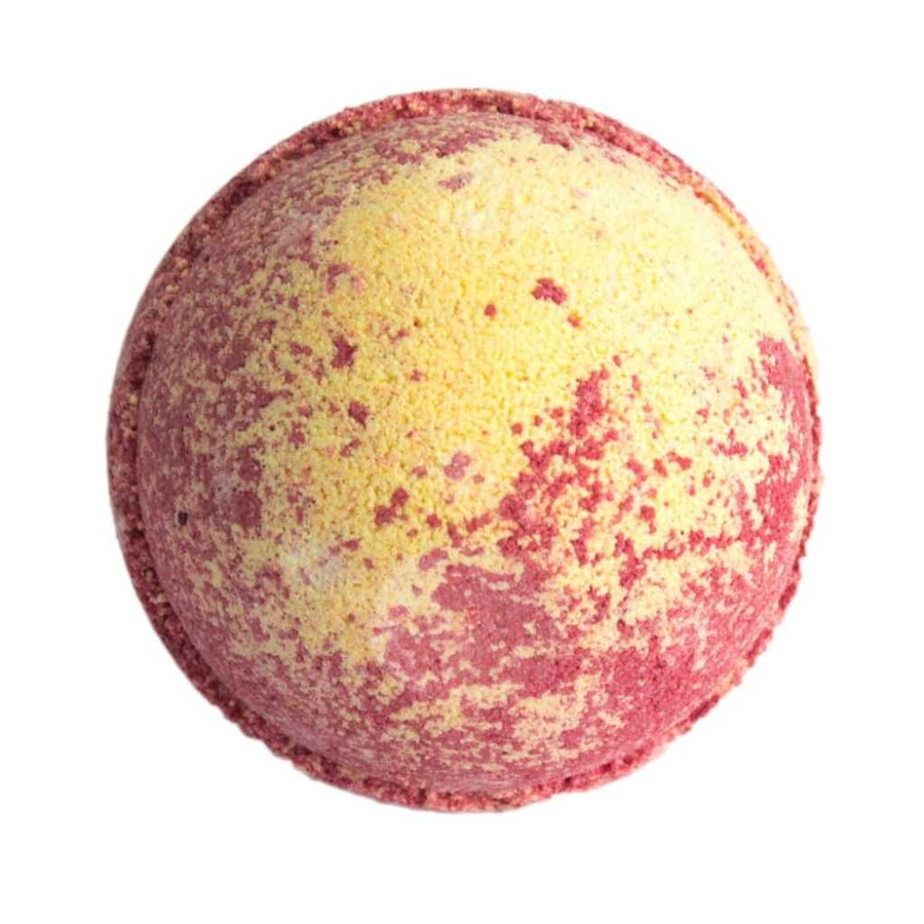 a red and yellow strawberry pina colada jumbo bath bomb