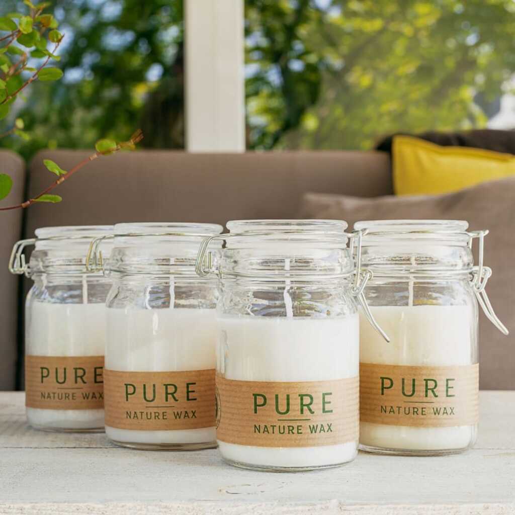 a collection of white pure olive wax candles in jars