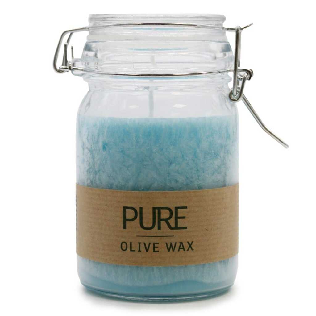 turquoise pure olive wax candle in a jar