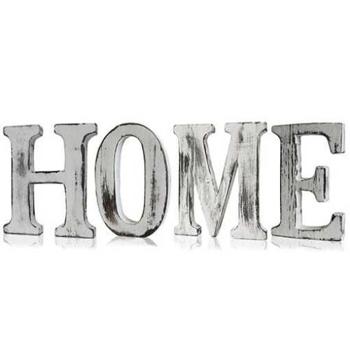 HOME spelt out in white shabby chic letters